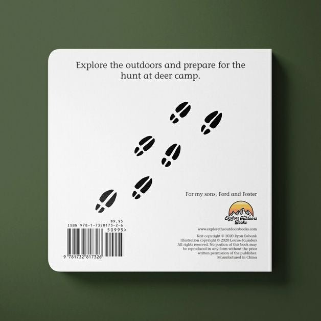 Back cover of children's book Deer Camp with deer trail foot prints. Little Gift Nook