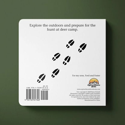 Back cover of children's book Deer Camp with deer trail foot prints. Little Gift Nook