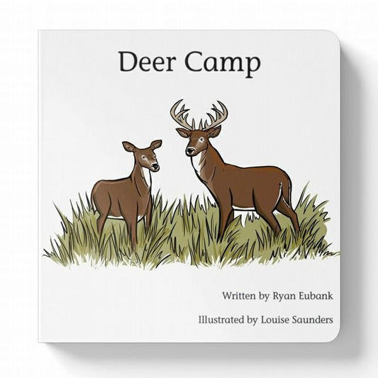Deer Camp Children's Board Book cover is white with 2 deer standing in grass. Book is sitting on white background. Little Gift Nook