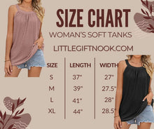 Load image into Gallery viewer, Woman&#39;s soft tank top size chart.