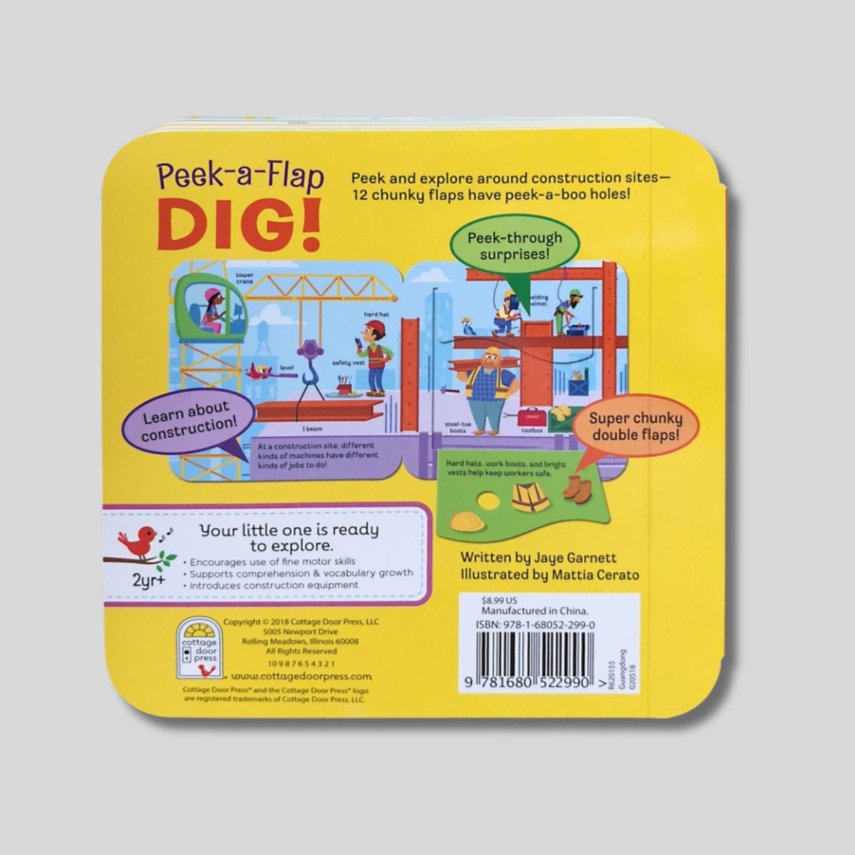 Back cover of Dig Construction peek a flap board book back cover sitting on gray background.  