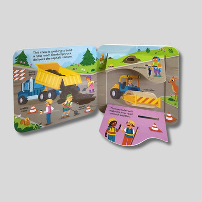 Dig construction board book inside with flaps sitting on gray background.