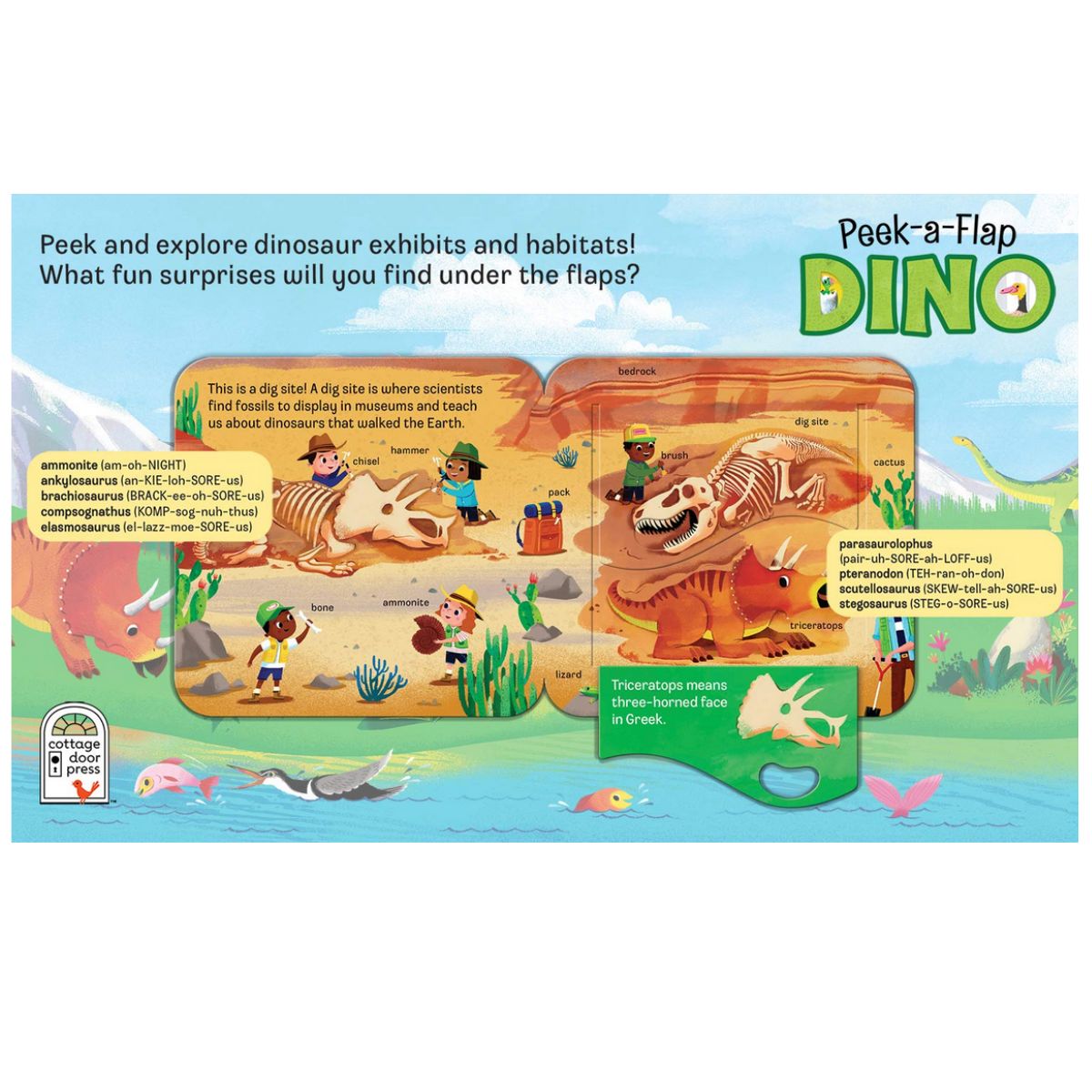 Dinosaur-themed Peek-a-Flap book inside pages with educational text and illustrations on a blue background