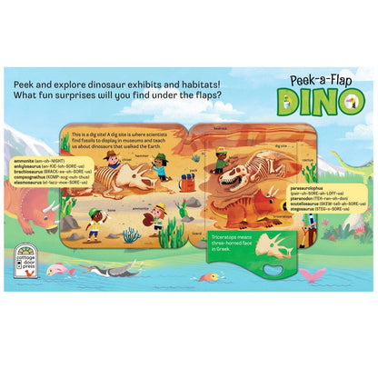 Dinosaur-themed Peek-a-Flap book inside pages with educational text and illustrations on a blue background