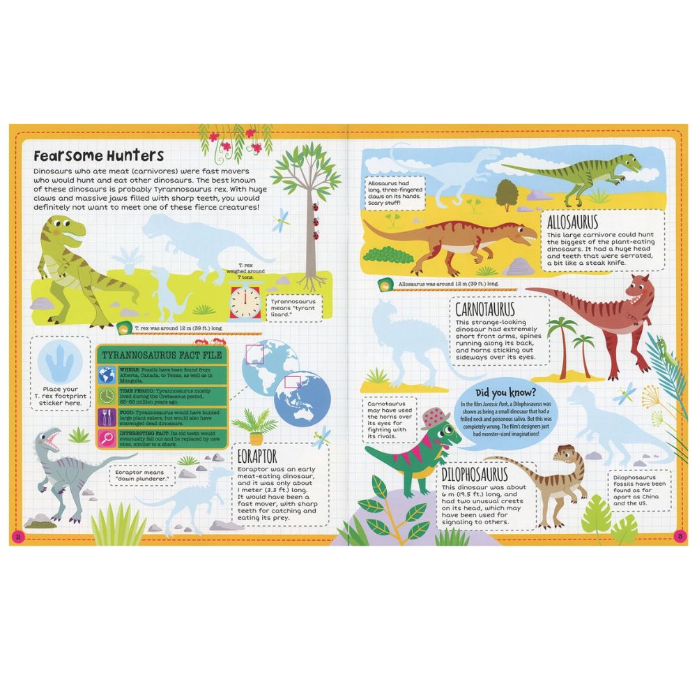 Inside pages of Dinosaur Sticker Facts Book for Kids with fearsome hunters pages with facts and info.