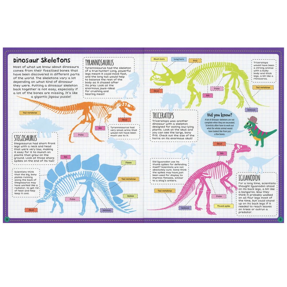Inside Dinosaur Sticker Facts Book for Kids pages 8 and 9 Dinosaur Skeletons facts and info.