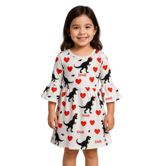 Dinosaur Print Heart Dress. Little Giftl wearing White bell sleeve dress with black trex dinos earting red hearts. - Little Gift Nook