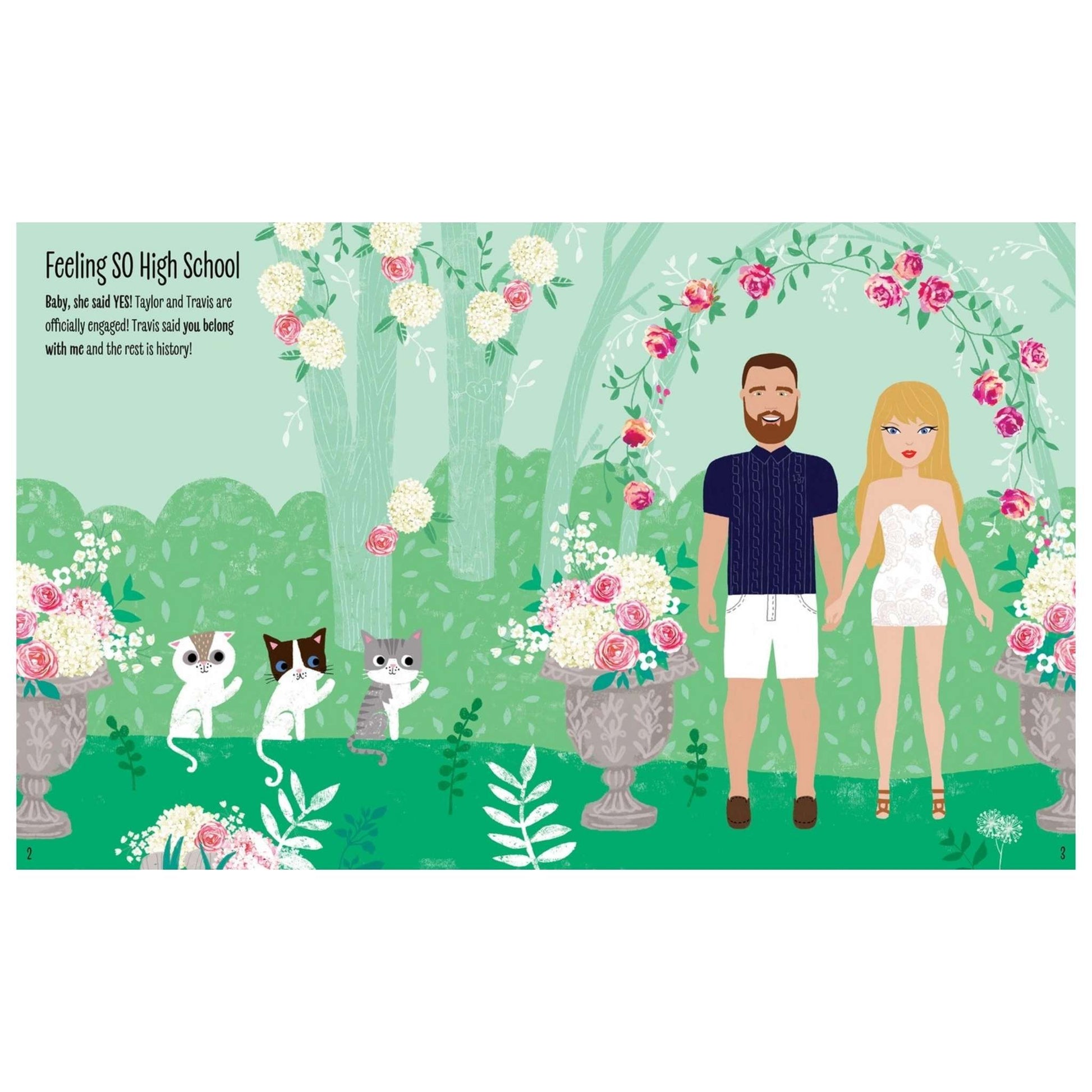 Inside My sticker dress up Swifties The Wedding sticker activity book with bride, groom, and 3 cats page.