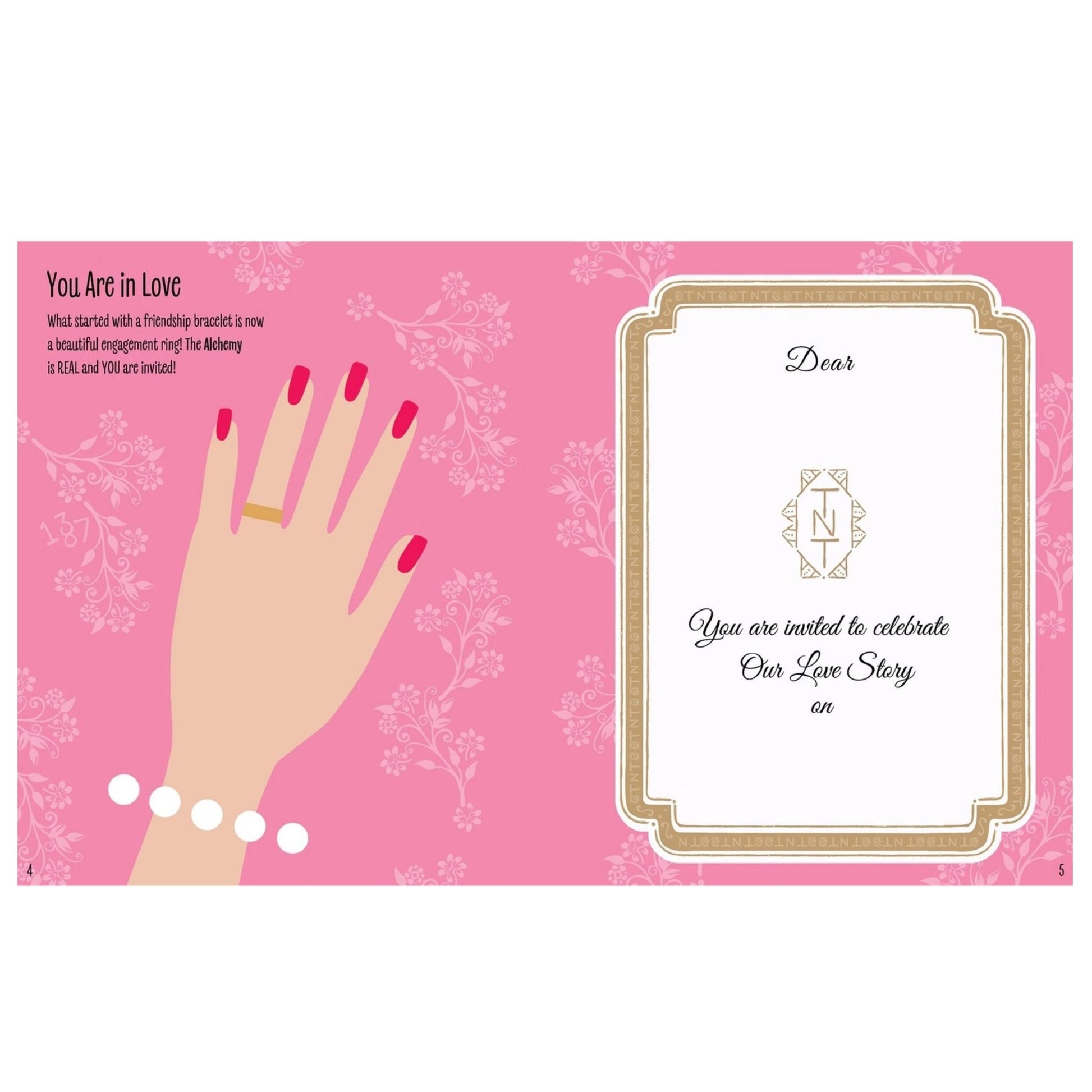 Inside the activity book "My sticker dress-up swifties The Wedding" book with image of hand and ring design page on a pink background.