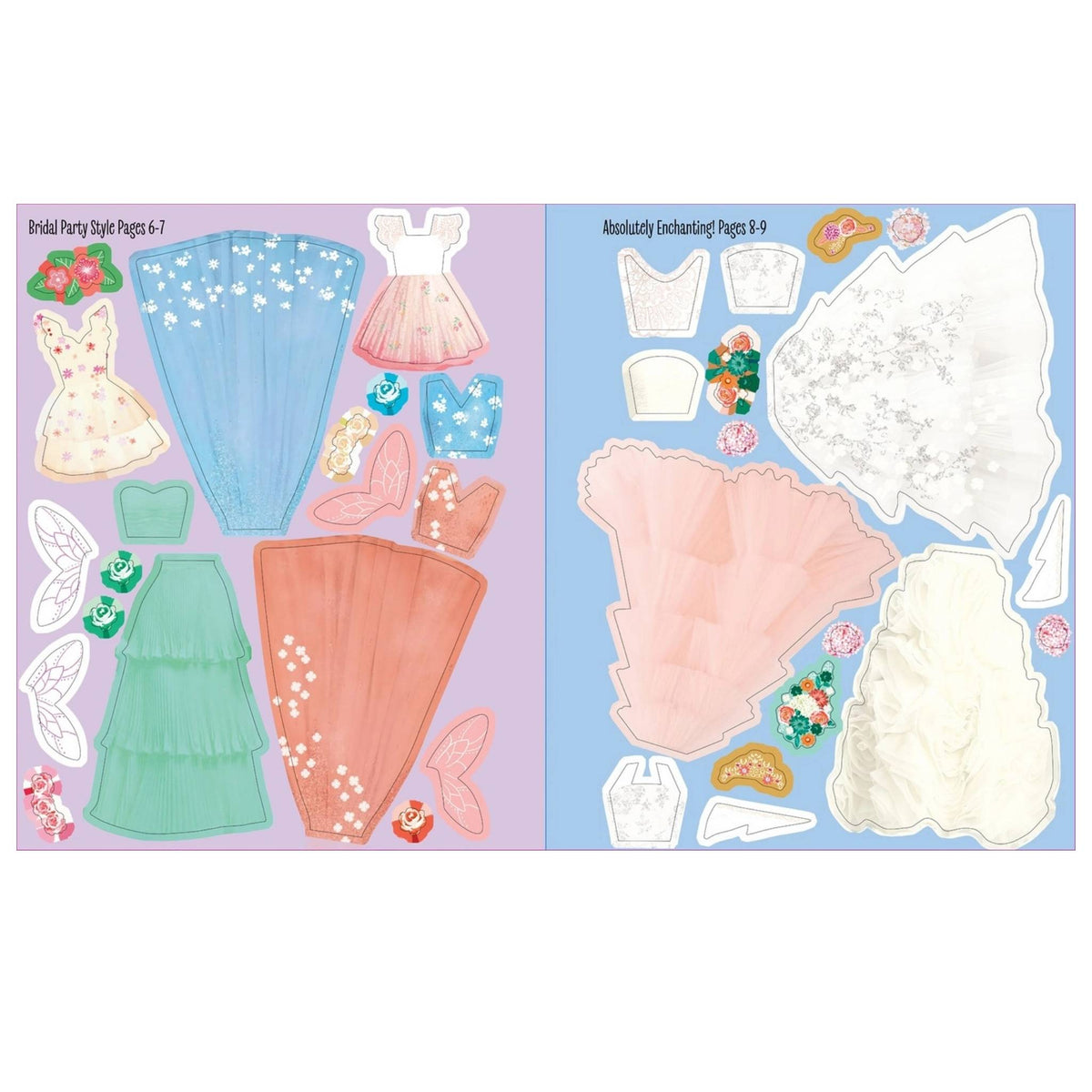 Inside pages of My Sticker Dress-Up Swifties The Wedding activity book sticker pages of dresses sitting on blue background.