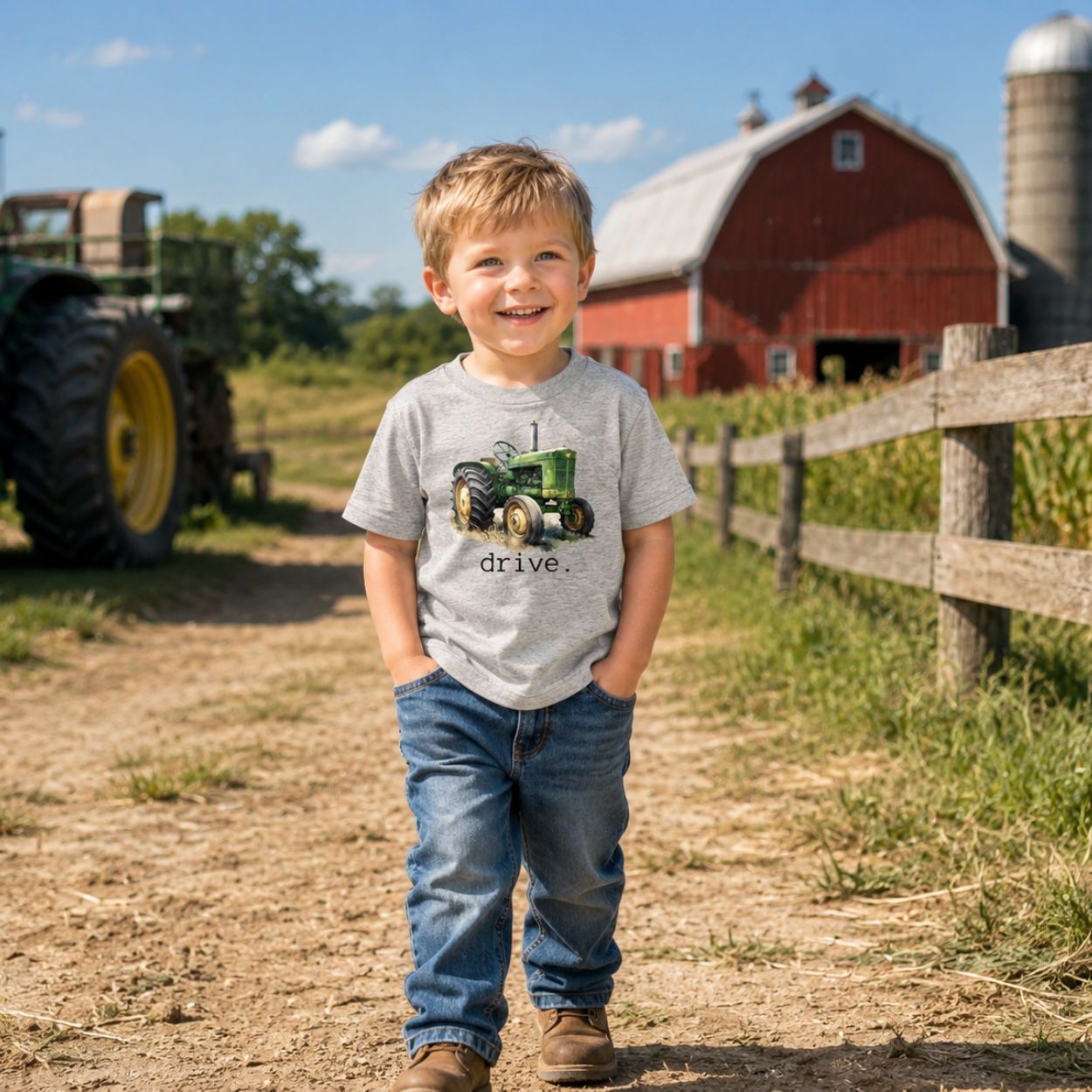 A young boy stands on a dirt path at a farm, wearing a light gray t-shirt with a green tractor graphic and the word 'drive.