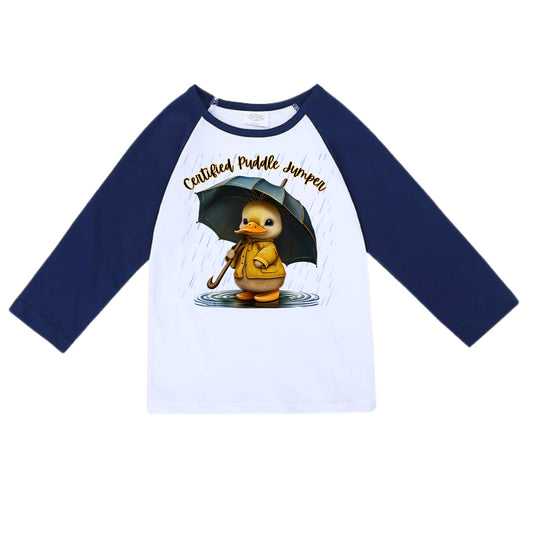 Certified Puddle Jumper Duck Shirt – Rain Day Raglan Tee - white navy raglan tshirt - Little Gift Nook