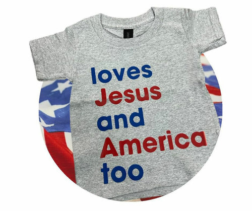 Gray toddler poly/cotton tshirt with red & blue loves jesus and America too letters on front.