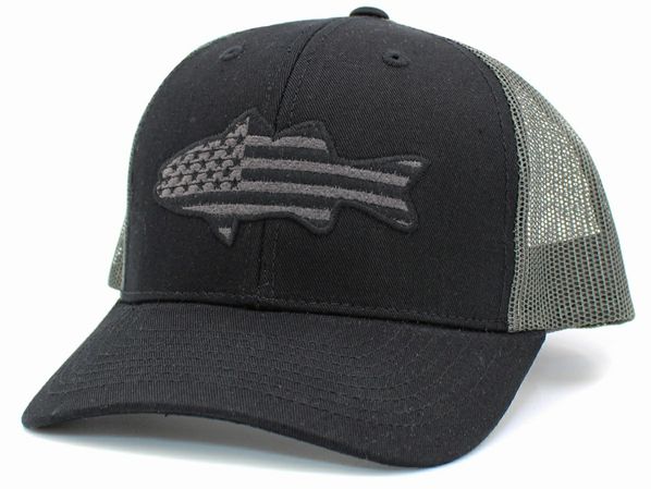 Fish USA Flag Mesh Mens Back Ballcap Hat. Black gray mesh cap hat with embroidered USA Flag fish on front. Adjustable hat.  - Little Gift Nook