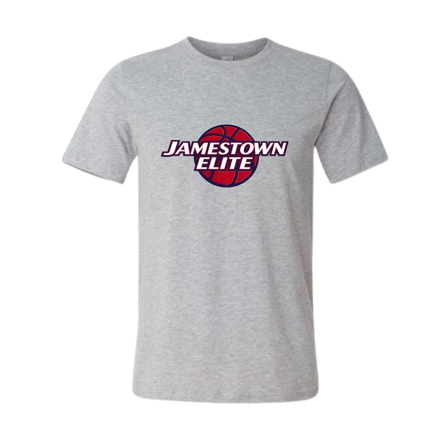 Navy tshirt with red navy basketball design custom logo on front sitting on white background.