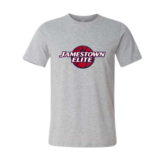 Navy tshirt with red navy basketball design custom logo on front sitting on white background.