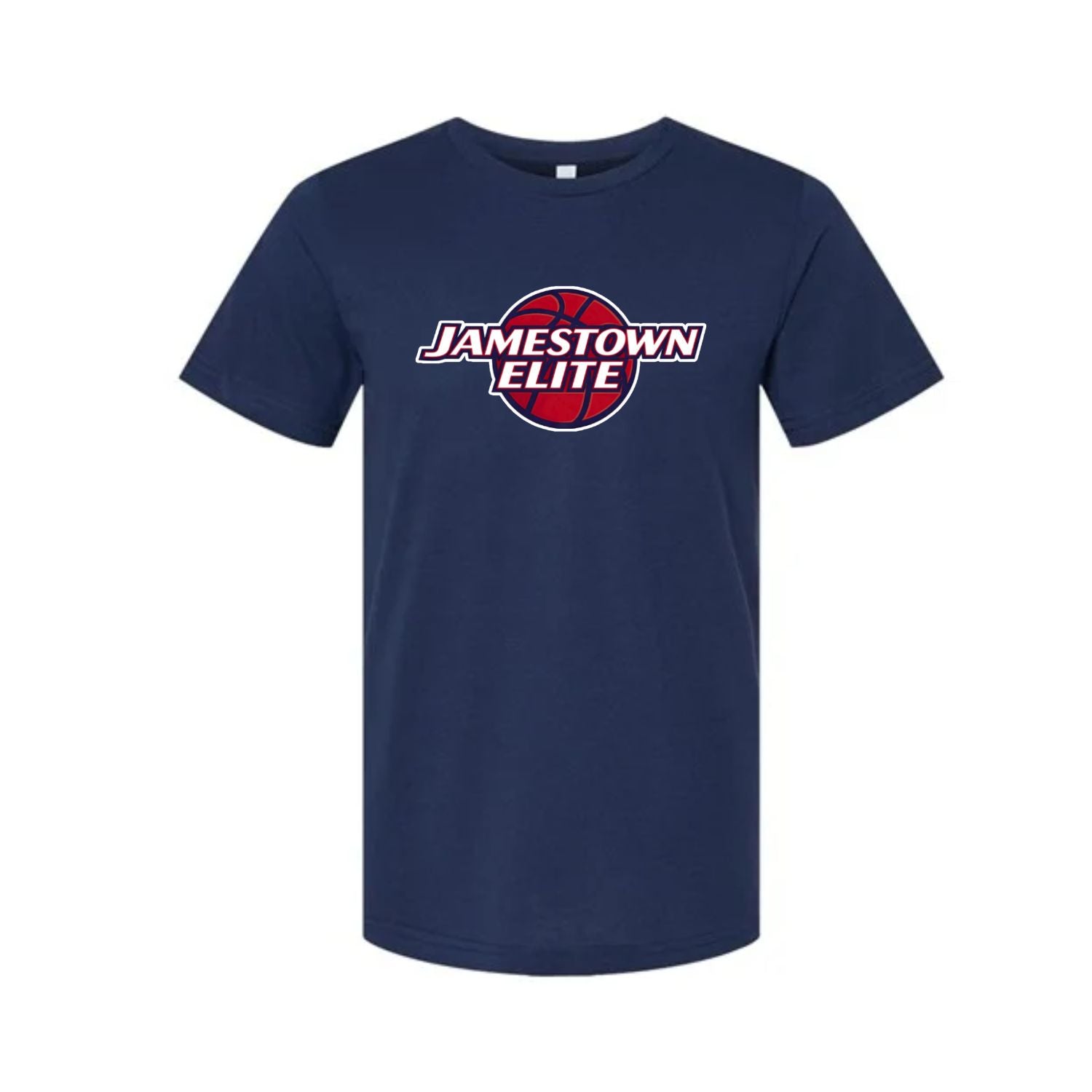 Navy tshirt with red navy basketball design custom logo on front sitting on white background.