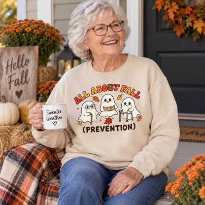 An older woman sitting on a front porch wearing a cream sweatshirt with a cartoon graphic of three ghosts, fall leaves, and the text 'ALL ABOUT FALL (PREVENTION)'. She is holding a white mug that says 'Sweeter Weather' and is surrounded by fall decorations including pumpkins, orange flowers, and a 'Hello Fall' sign.