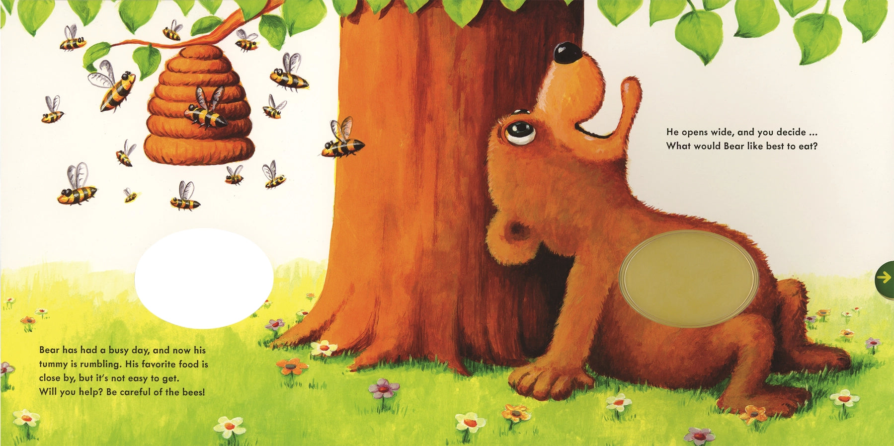 Hungry bear inside Feed the Animals board book and clear tummy window to drop food disc into.