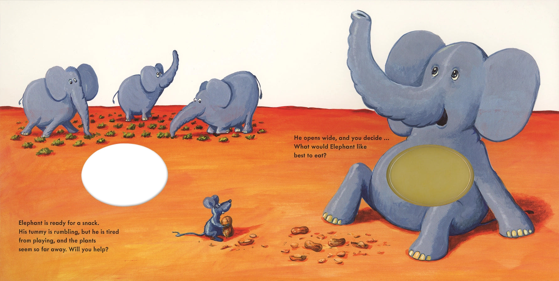 Elephants inside page of Feed the Animals board book with clear window in elephant's tummy to show when you drop food in. 