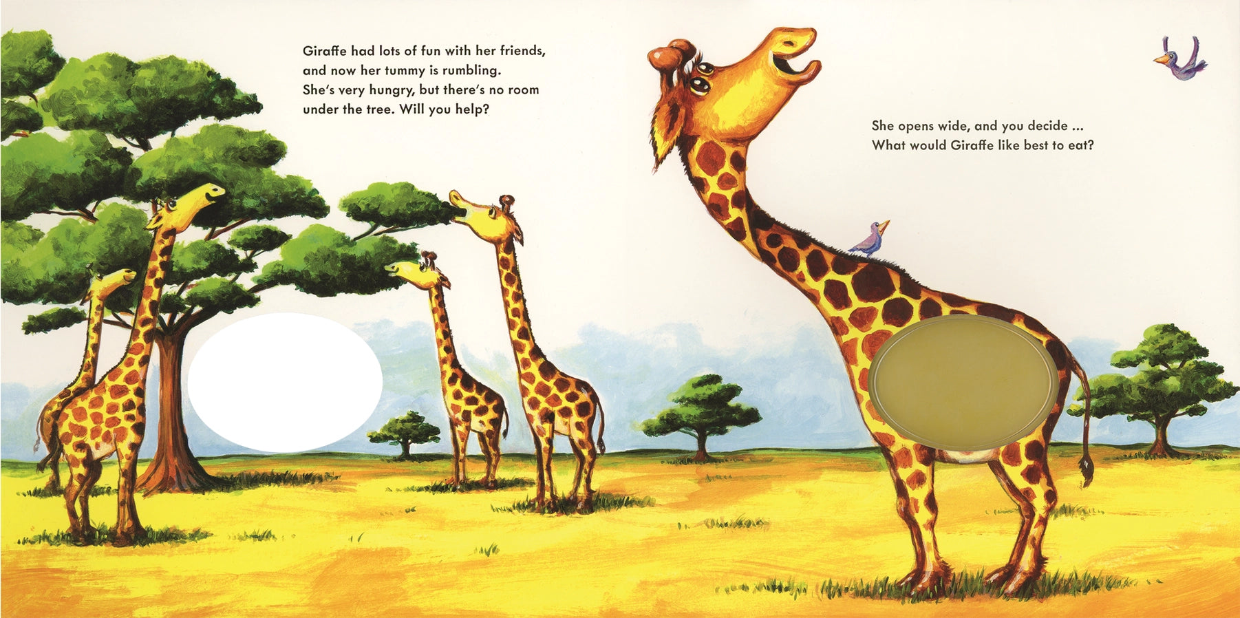 Inside Feed the Animals interactive board book with Giraffe's and clear tummy to show where you place food. 