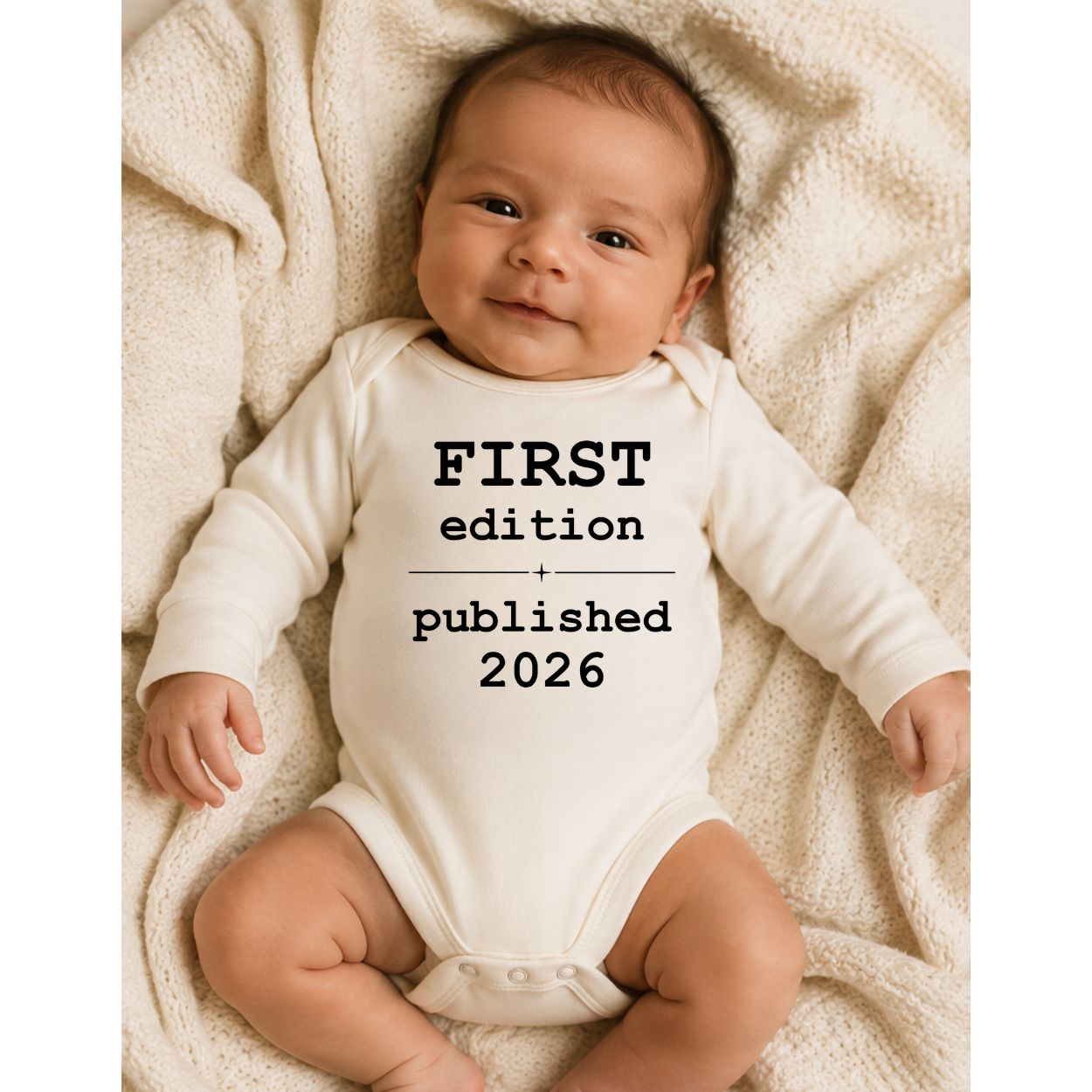 A baby lying on a cream knit blanket, wearing a cream long-sleeve bodysuit with black text that reads 'FIRST edition published 2026'.