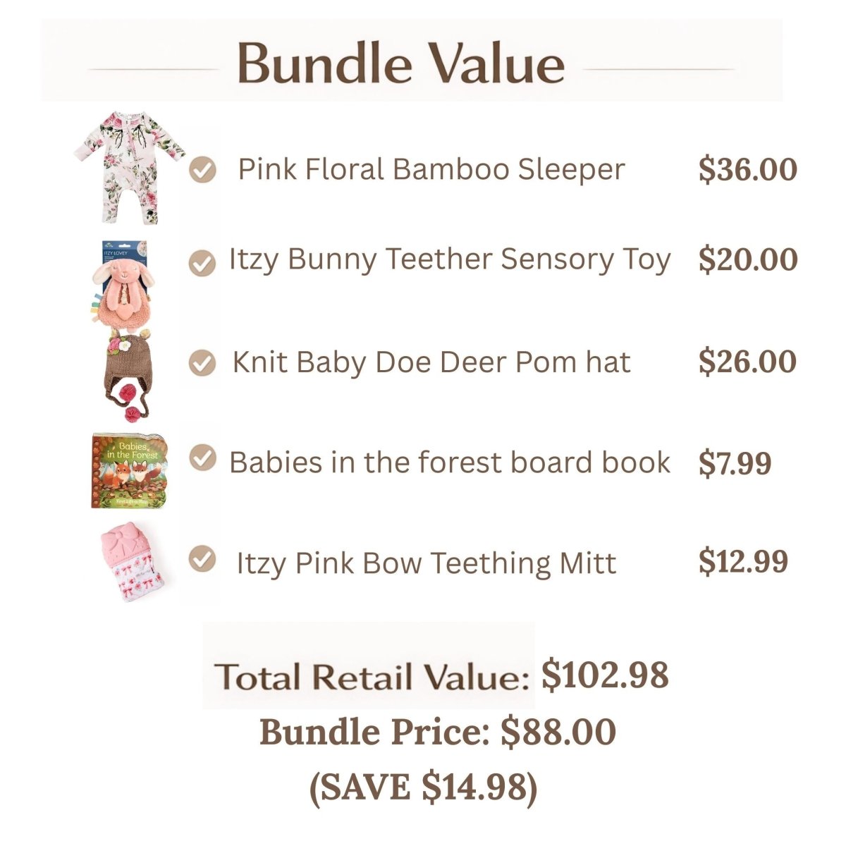 Baby girl product bundle gift set with images and prices and value. Little Gift Nook