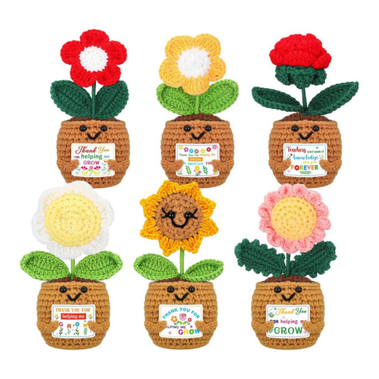 Thank You for Helping Me Grow Crochet Flowers - 6 different mini crochet flower pots with a variety of flowers. Each flower is holding a sign saying "Thank you for watching me Grow" - Little Gift Nook