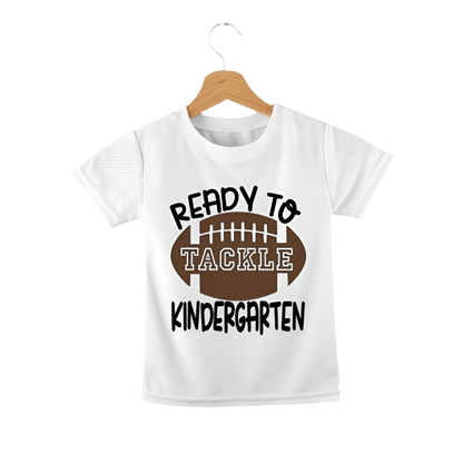 Ready to Tackle Kindergarten Tshirt. White tshirt with brown football and ready to tackle kindergarten tshirt.