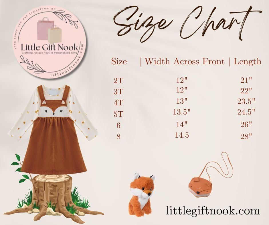 Size chart for Cute As A Fox Girl's Jumper Dress.  Little Gift Nook.