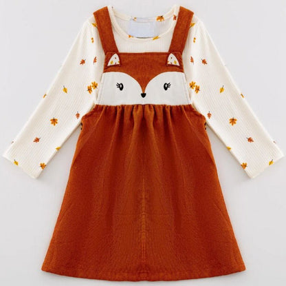 Orange corduroy fox face jumper dress with a cream orange & yellow leaf print long sleeve top.- Little Gift Nook