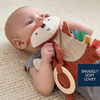 baby holding orange fox sensory teether toy.