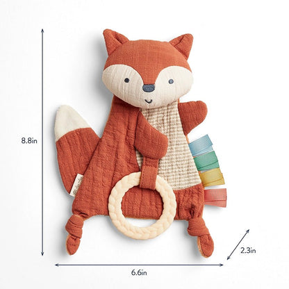 Itzy Ritzy orange fox crinkle sensory toy with teether size on white background.