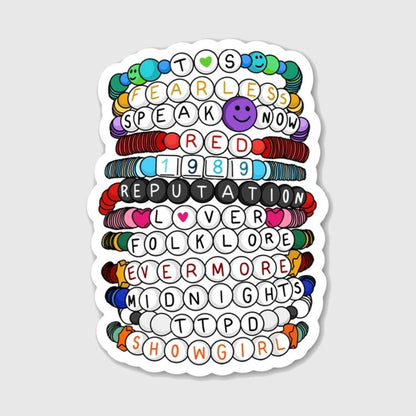 New updated friendship bracelet albums sticker on gray background.