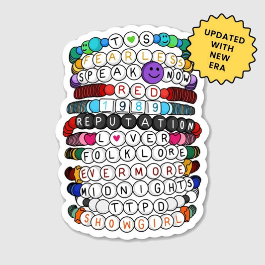 Friendship bracelet albums ears waterproof sticker with updated new album sitting on light gray background.