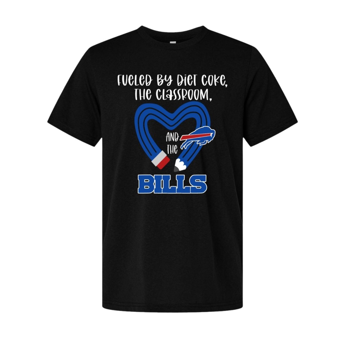 Black t-shirt with 'Fueled by Diet Coke, the Classroom, and the Bills' text and graphics sitting on a white background.