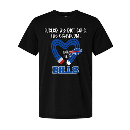 Black t-shirt with 'Fueled by Diet Coke, the Classroom, and the Bills' text and graphics sitting on a white background.