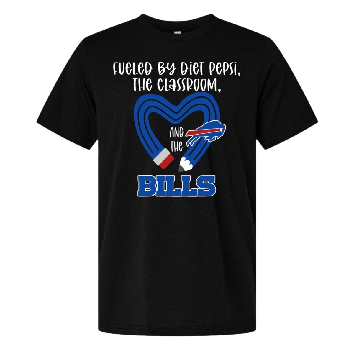 Black t-shirt with a blue pencil heart design and text 'fueled by diet pepsi, the classroom, and the bills' on front on white background.