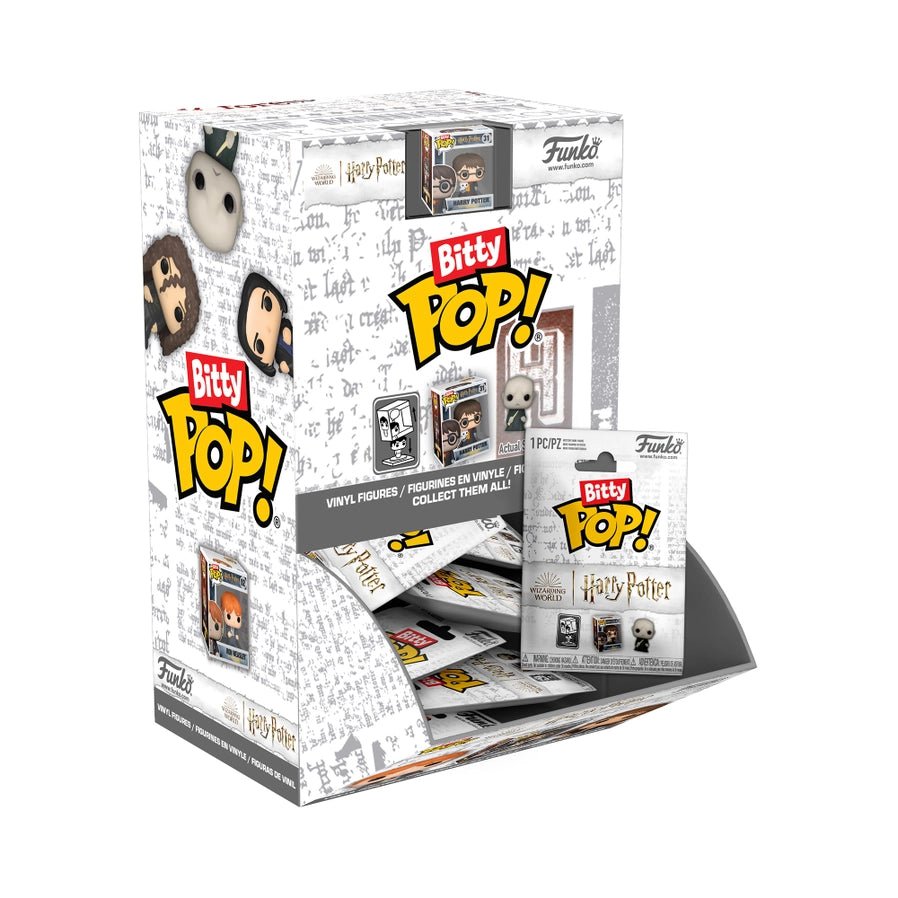 Funko Bitty Pop! Singles Harry Potter figures in mystery blind bags and display box on a white background.