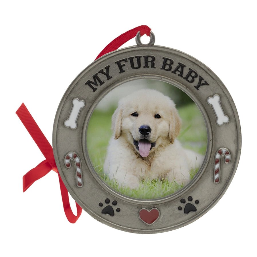 Fur Baby Pet Photo Ornament frame standing on white background.