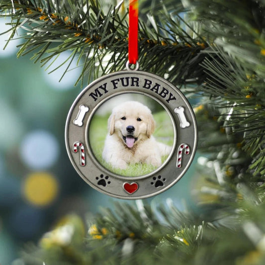 Metal insert picture Fur Baby Pet Photo Ornament shown hanging from tree with red ribbon. Little Gift Nook