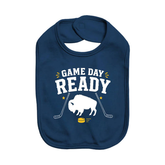 Navy blue bib with 'Game Day Ready' text and buffalo hockey graphic sitting on a white background.