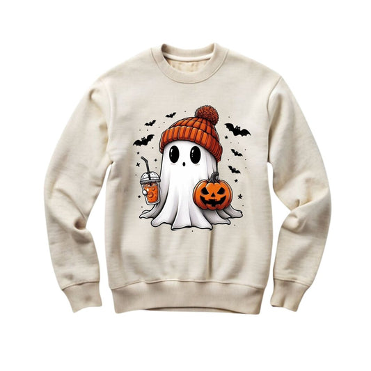 beige adult ghost in beanie and latte fall sweatshirt on white background. Little Gift Nook