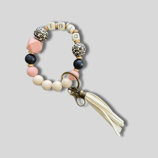 Silicone Beaded Wristlet GIGI Keychain. pink, black, animal print silicone beads with block letter beads GIGI. - Little Gift Nook