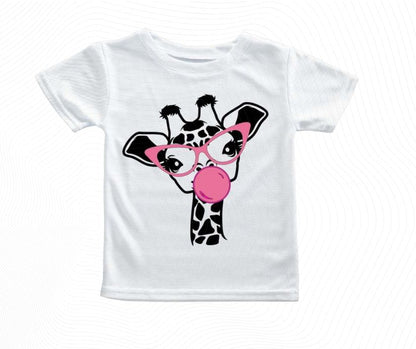White t-shirt with a giraffe in pink glasses blowing bubble gum design on front with watermark.