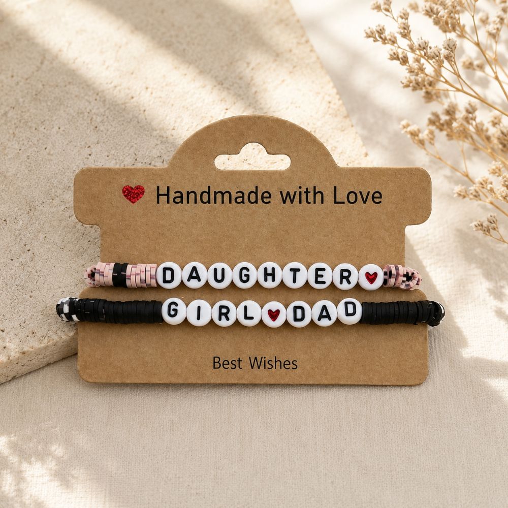 2 beaded bracelets Girl Dad and Daughter matching on a kraft hanging card and beige background.