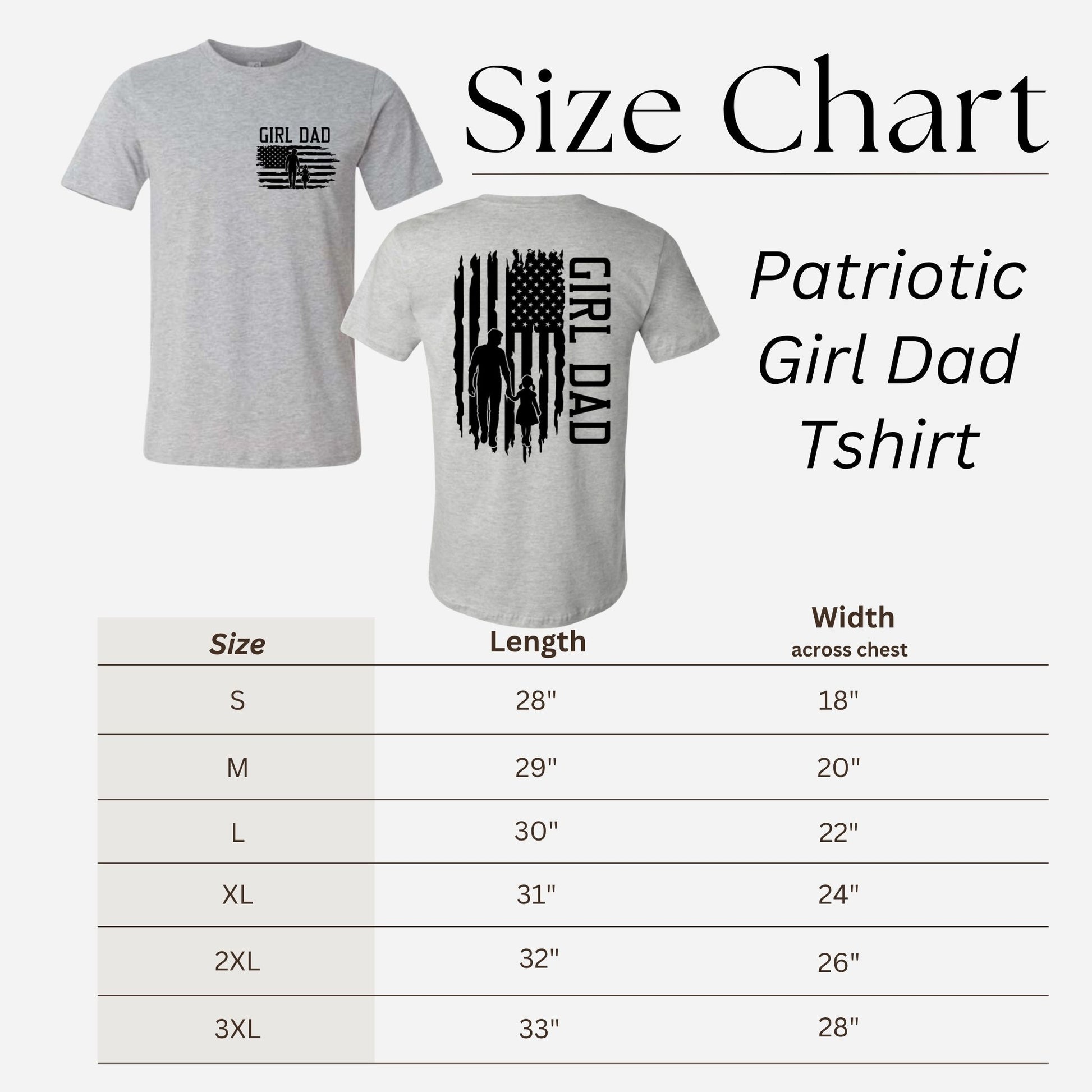 Patriotic 'Girl Dad' t-shirt with size chart on a white background.