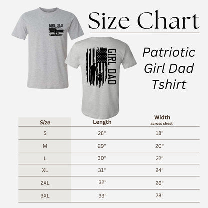 Patriotic 'Girl Dad' t-shirt with size chart on a white background.