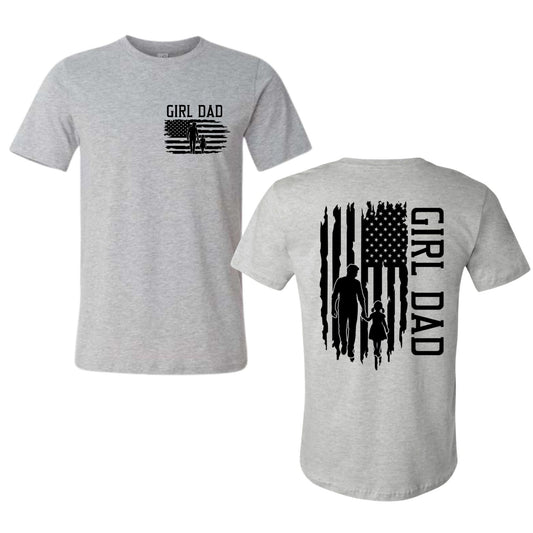 Gray t-shirt with 'Girl Dad' American Flag graphic on front and back of shirt sitting on white background.
