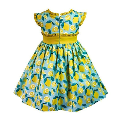 Girl's yellow lemons teal ruffle dress back with zipper.